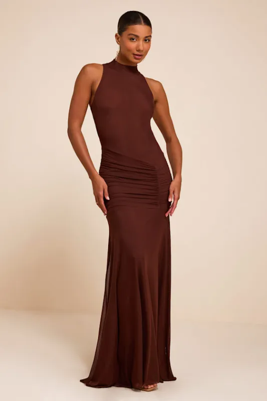 Alma Brown Mesh Mock Neck Ruched Maxi Dress made by Lulus