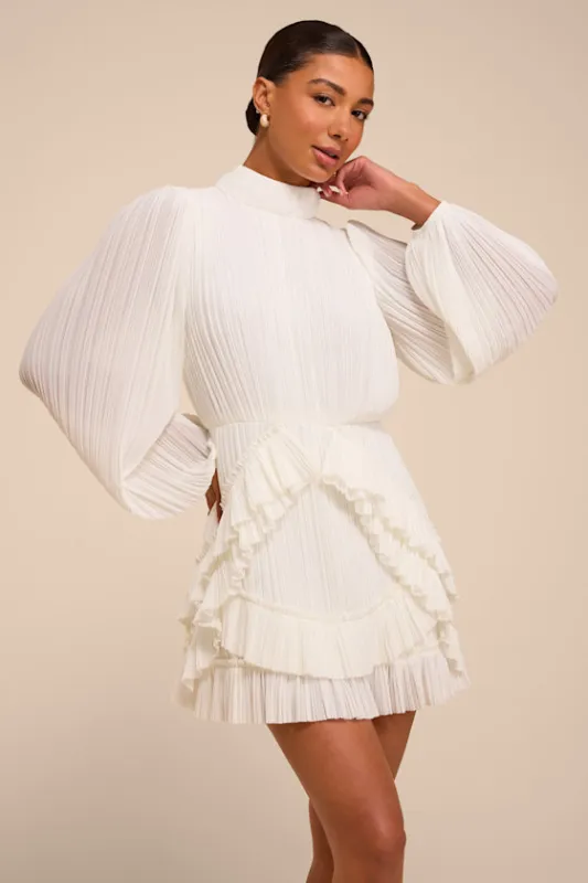 Alvana White Plisse Long Sleeve Mini Dress made by Lulus