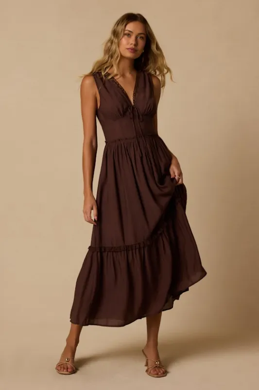 Lucy Brown Tiered Midi Dress made by Lulus