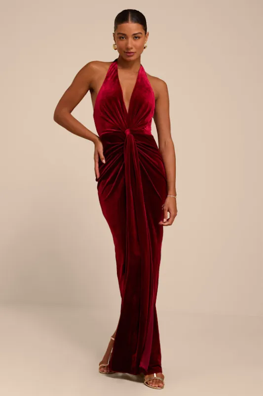 Evie Maroon Velvet Plunge Maxi Dress made by Lulus
