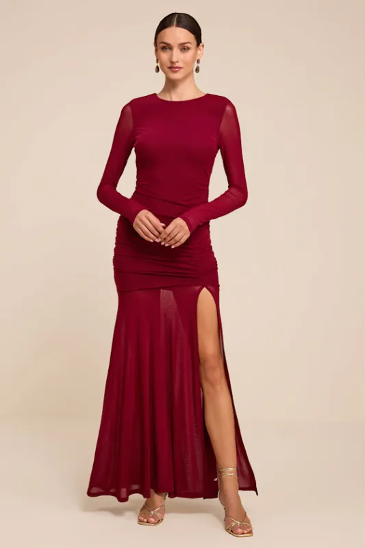 Vibrant Poise Wine Red Mesh Ruched Maxi Dress made by Lulus