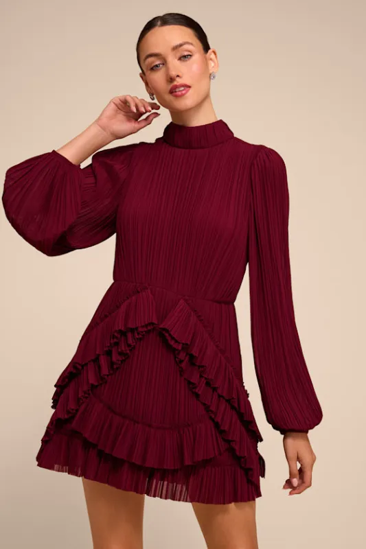 Alvana Burgundy Plisse Long Sleeve Mini Dress made by Lulus