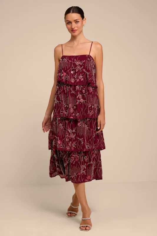 Shoshanna Burgundy Beaded Midi Dress made by Lulus