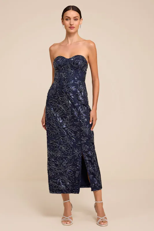 Beyza Navy Sequin Beaded Strapless Midi Dress made by Lulus