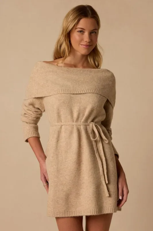Santi Beige Off-the-Shoulder Mini Sweater Dress made by Lulus