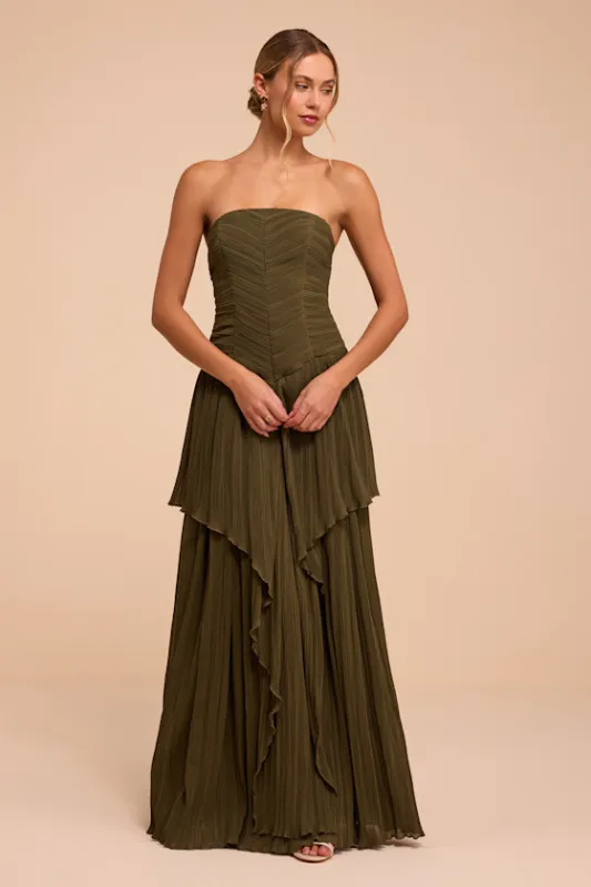 Seraphina Olive Green Pleated Strapless Maxi Dress made by Lulus