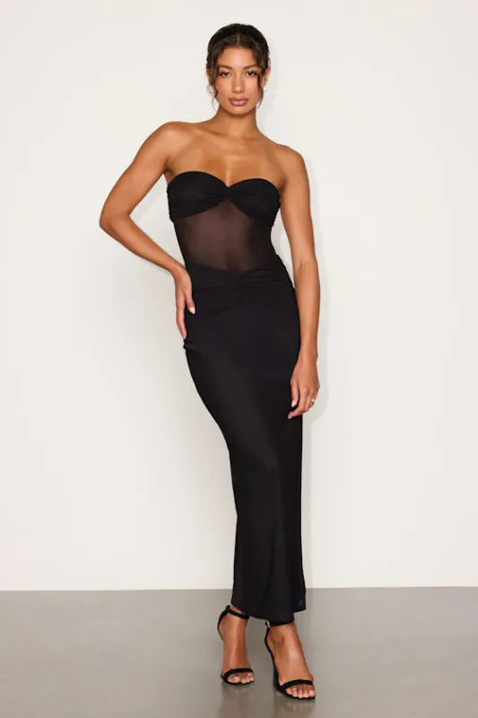 Bev Black Mesh Strapless Midi Dress made by Lulus