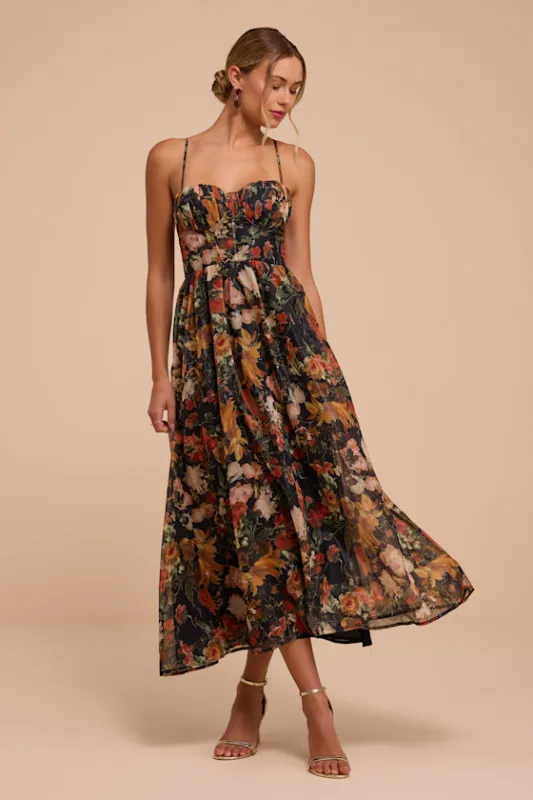 Calgary Black Floral Chiffon Midi Dress made by Lulus