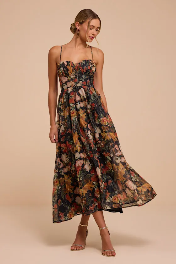 Calgary Black Floral Chiffon Midi Dress sold by Lulus