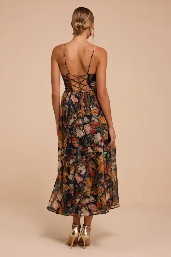 Calgary Black Floral Chiffon Midi Dress sold by Lulus product image thumbnail 3