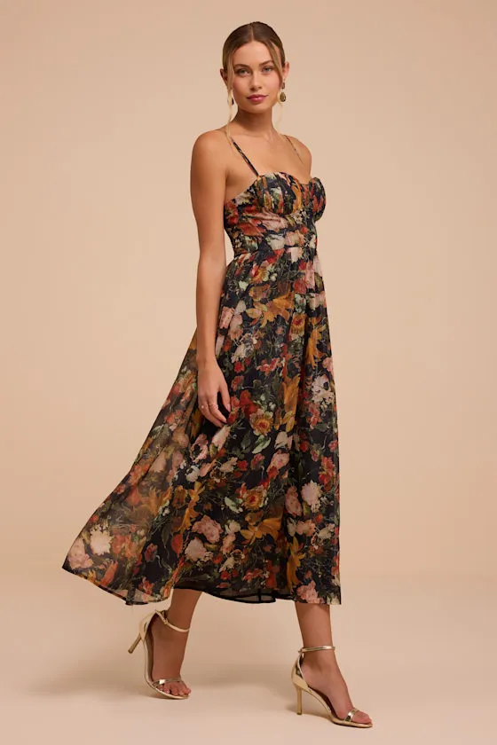 Calgary Black Floral Chiffon Midi Dress sold by Lulus product image thumbnail 4