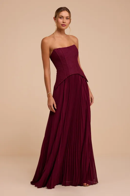 Olivia Wine Red Strapless Bustier Maxi Dress made by Lulus
