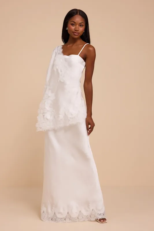 Sophia White Asymmetrical Lace Maxi Dress made by Lulus