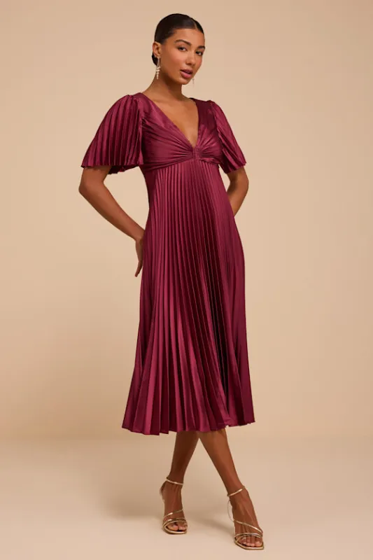 Kelsi Berry Red Pleated Satin Midi Dress made by Lulus