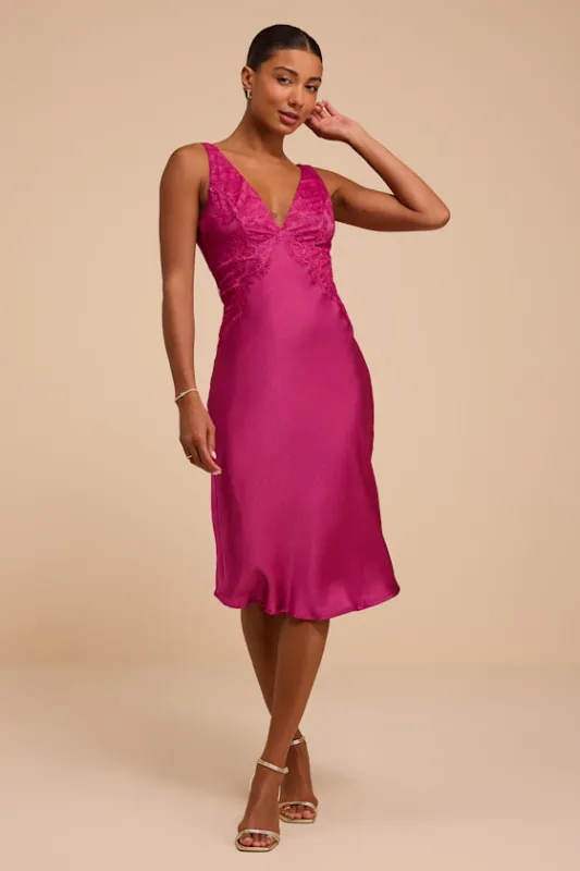 Deloise Berry Pink Satin Lace Slip Midi Dress made by Lulus