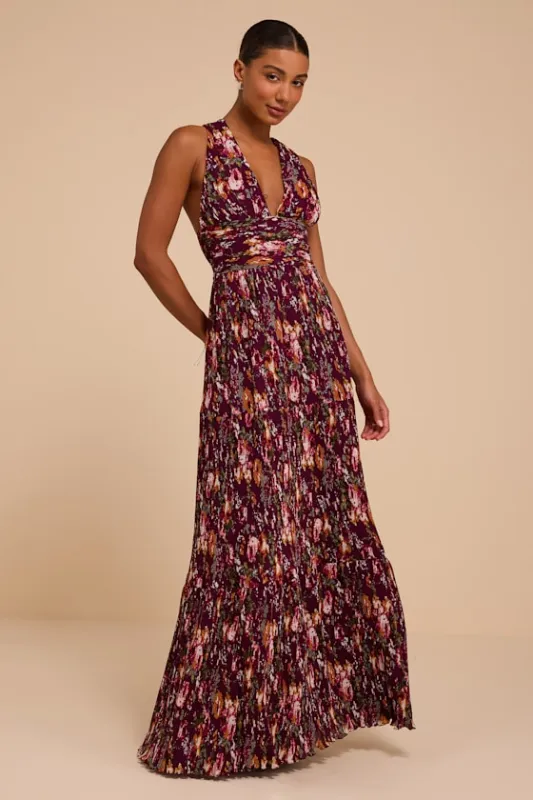 Leora Plum Floral Pleated Tiered Maxi Dress made by Lulus