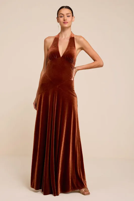 Kate Brown Velvet Halter Maxi Dress made by Lulus