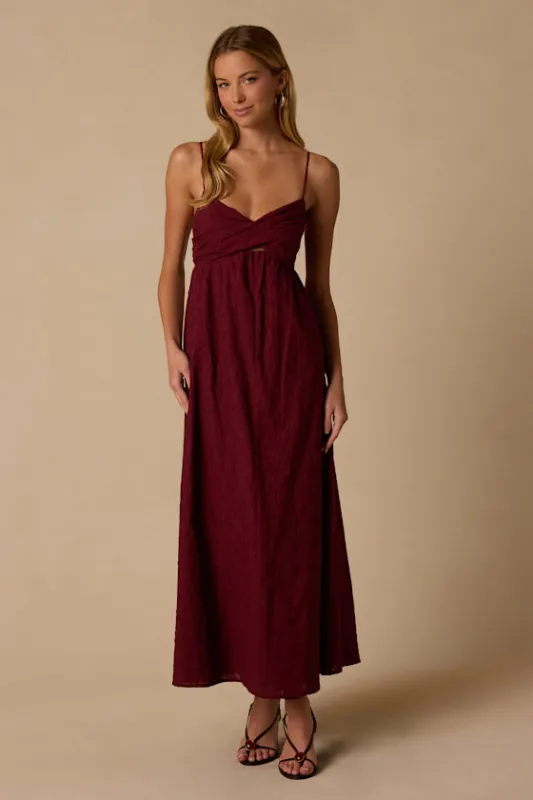 Bellevue Burgundy Embroidered Twist-Front Midi Dress made by Lulus