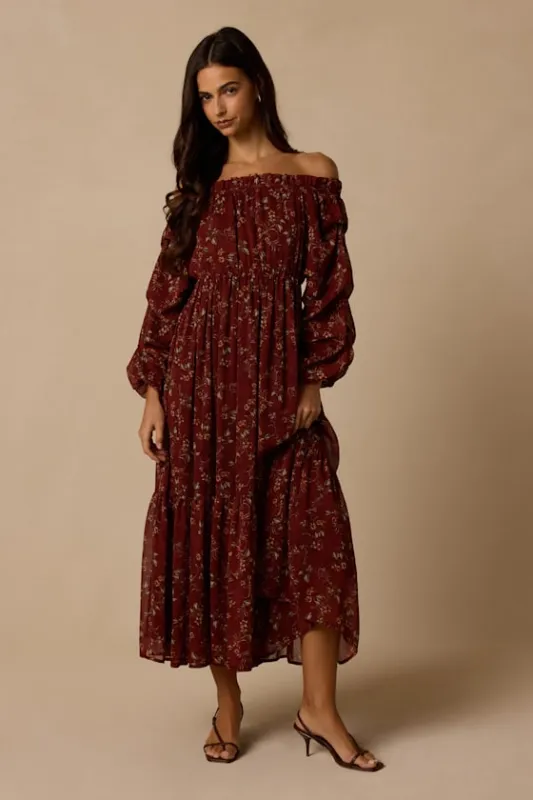 Cornelia Burgundy Floral Off-the-Shoulder Midi Dress made by Lulus