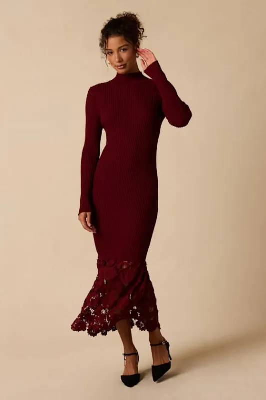 Markie Burgundy Ribbed Knit Lace Midi Dress made by Lulus