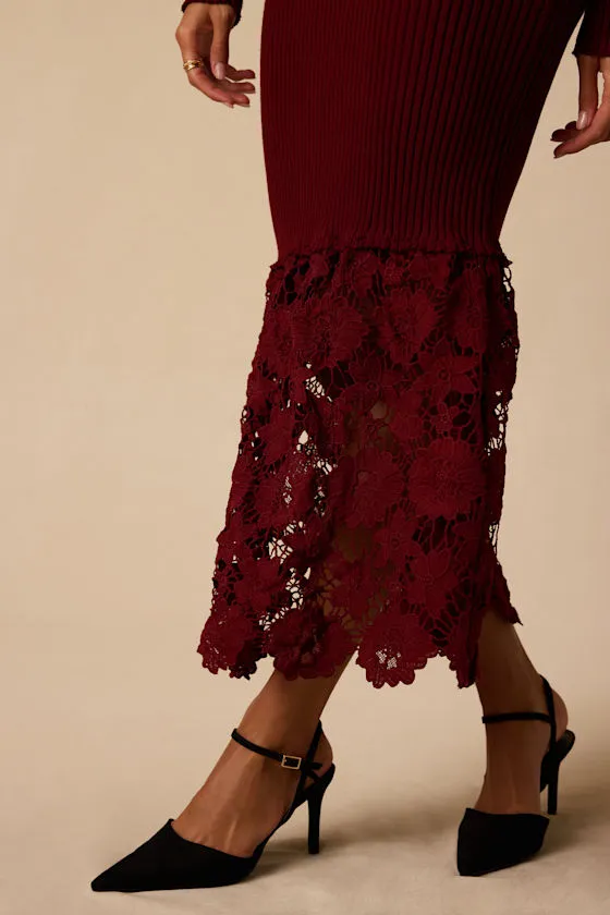 Markie Burgundy Ribbed Knit Lace Midi Dress sold by Lulus product image thumbnail 2