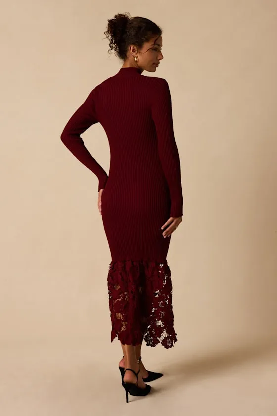 Markie Burgundy Ribbed Knit Lace Midi Dress sold by Lulus product image thumbnail 3