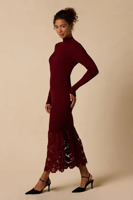 Markie Burgundy Ribbed Knit Lace Midi Dress sold by Lulus product image thumbnail 4