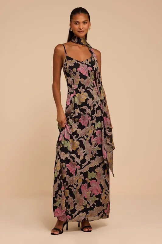 Marla Black Floral Chiffon Maxi Dress & Scarf Set made by Lulus