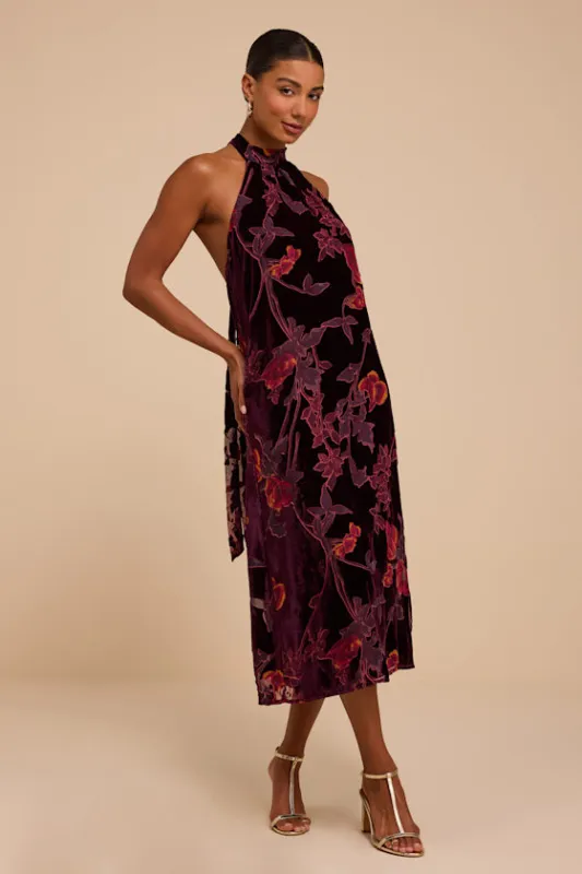 Viv Wine Red Floral Velvet Halter Dress made by Lulus