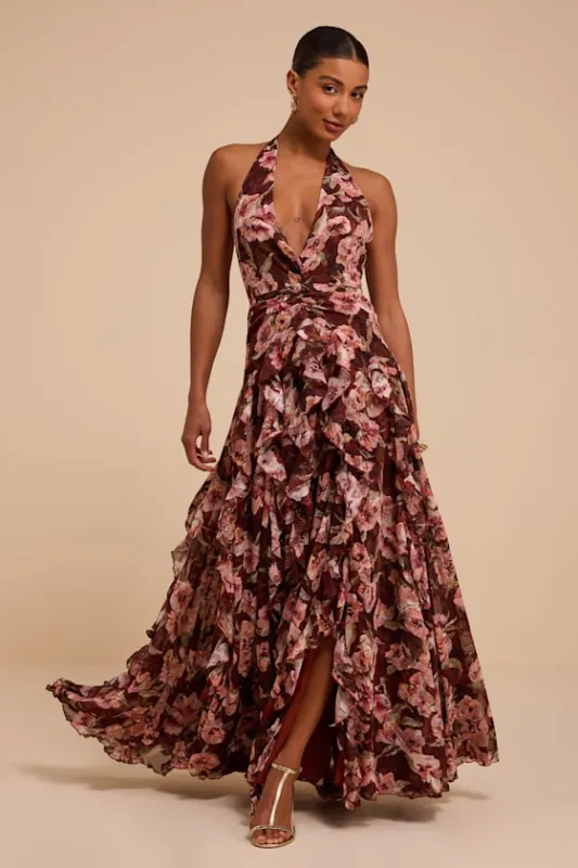 Oleta Brown Multi Floral Ruffled Maxi Dress made by Lulus