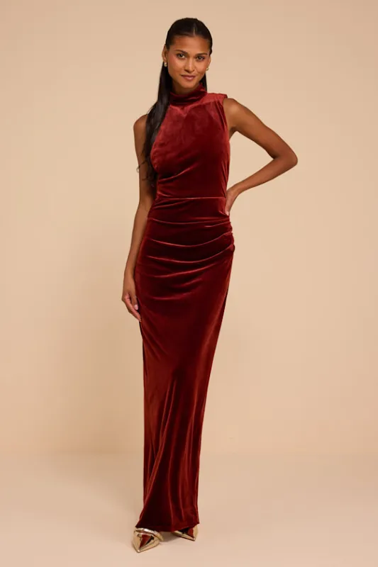 Laurie Rust Velvet Halter Maxi Dress made by Lulus