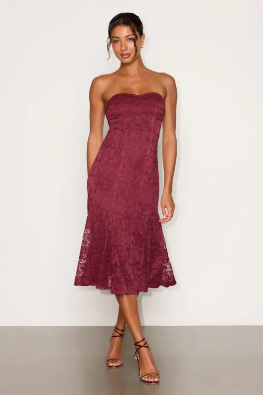 May Burgundy Strapless Lace Midi Dress made by Lulus