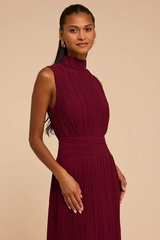 Alvana Burgundy Plisse Sleeveless Midi Dress sold by Lulus product image thumbnail 2