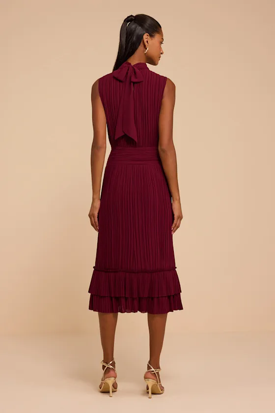 Alvana Burgundy Plisse Sleeveless Midi Dress sold by Lulus product image thumbnail 3