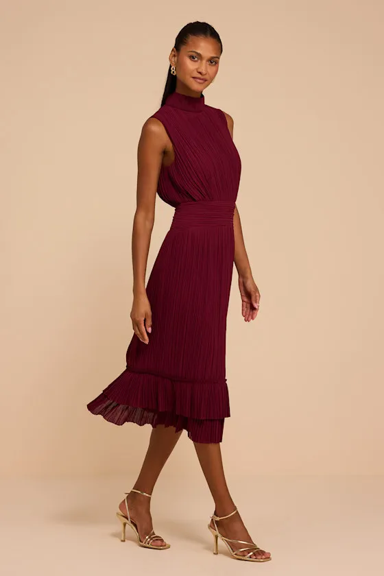 Alvana Burgundy Plisse Sleeveless Midi Dress sold by Lulus product image thumbnail 4