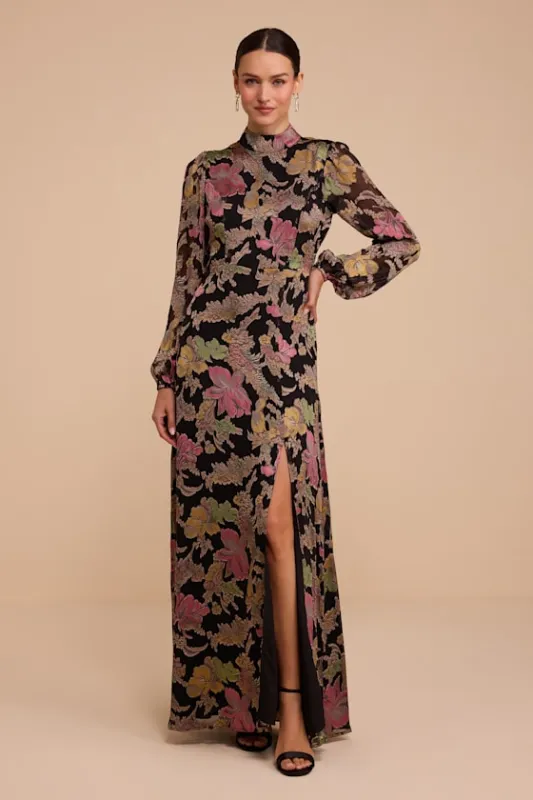 Ines Black Floral Long Sleeve Maxi Dress made by Lulus