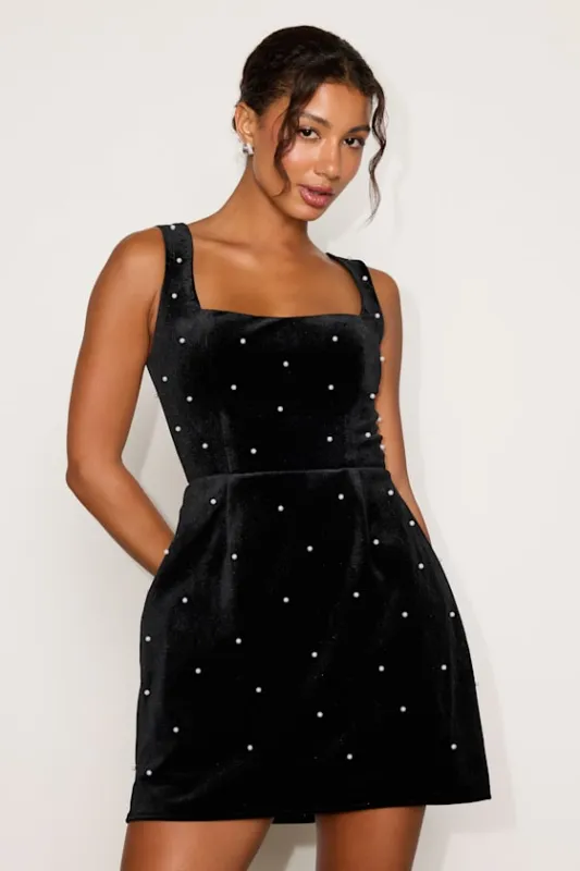 Mia Black Pearl Velvet Skater Dress made by Lulus
