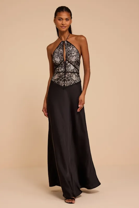 Denise Black Lace Satin Maxi Dress made by Lulus
