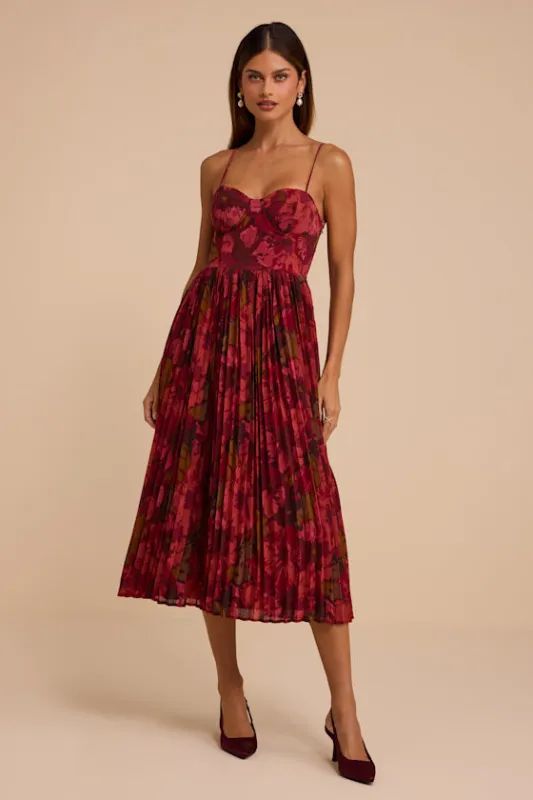 Dorothy Burgundy Floral Print Pleated Midi Dress made by Lulus