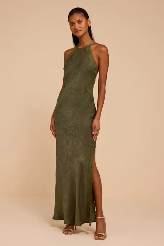 Raye Olive Green Satin Lace Maxi Dress made by Lulus