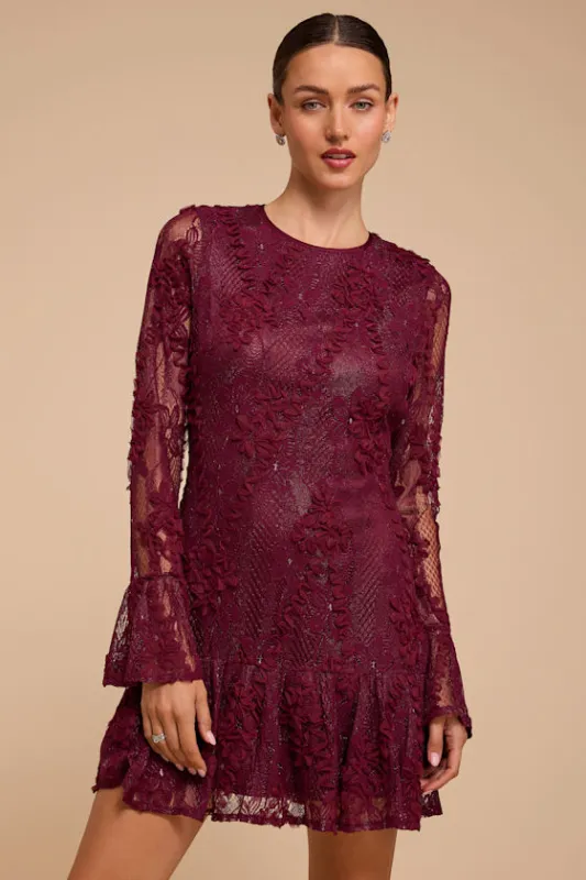 Darling Era Burgundy Lace Long Sleeve Ruffled Mini Dress made by Lulus