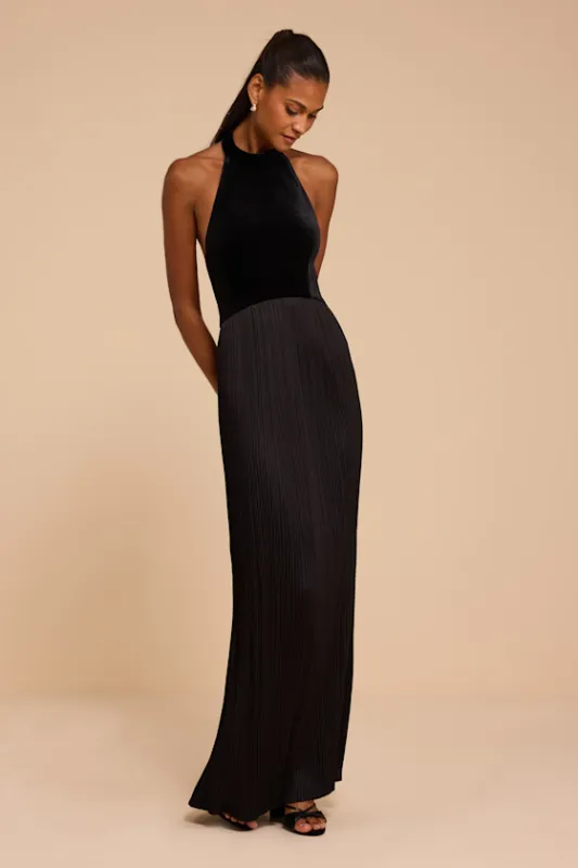Dori Black Pleated Halter Maxi Dress made by Lulus