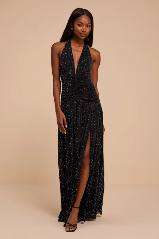 Elvira Black Ruched Rhinestone Maxi Dress made by Lulus