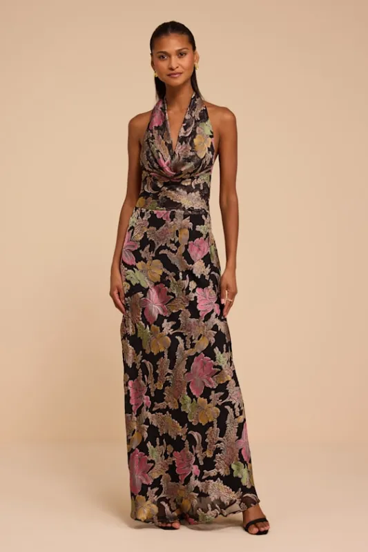 Mariposa Black Floral Burnout Cowl Maxi Dress made by Lulus