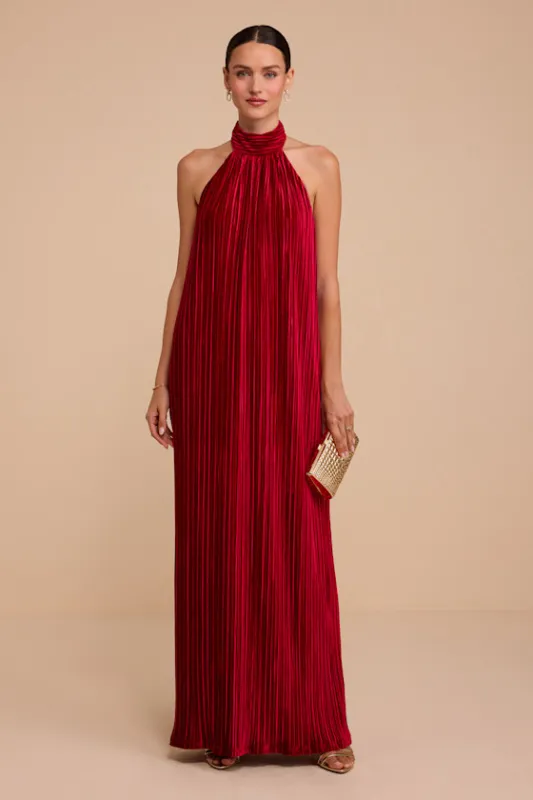 Marta Red Velvet Pleated Backless Maxi Dress made by Lulus
