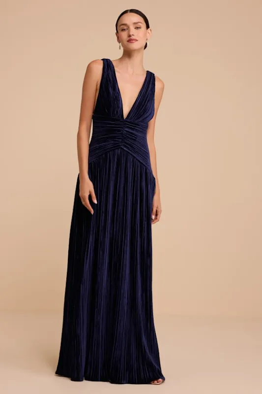 Kelina Navy Blue Velvet Pleated Drop Waist Maxi Dress made by Lulus
