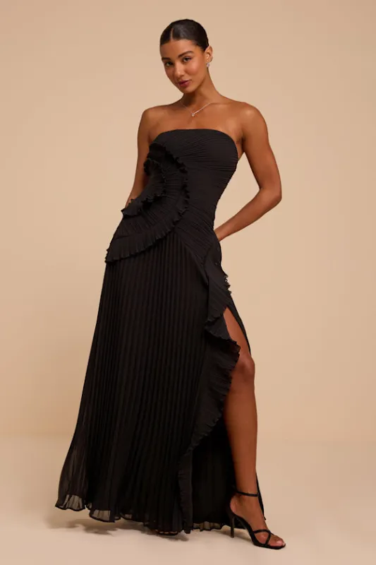Brylee Black Pleated Ruffled Maxi Dress made by Lulus
