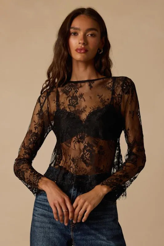 Victorie Black Sheer Lace Top made by Lulus