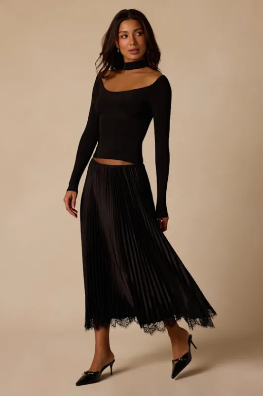 Delancey Black Pleated Satin Midi Skirt made by Lulus