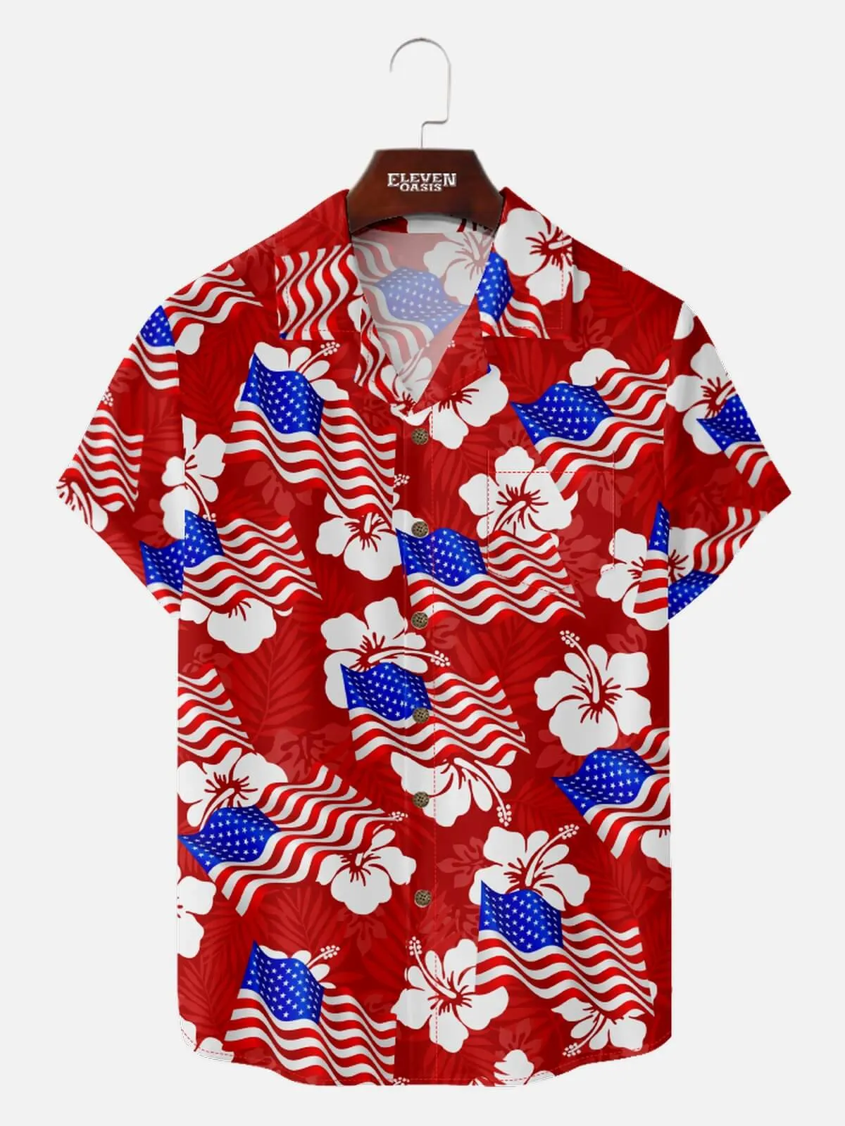Men's Patriotic American Flag Hibiscus Hawaiian Short Sleeve Shirt sold by Eleven Oasis